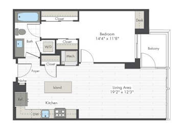 A floor plan of a small apartment with a living area of 19 feet by 12 feet and a bedroom measuring 14 feet by 11 feet.