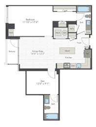 A floor plan of a house with a living area, kitchen, and two bathrooms.