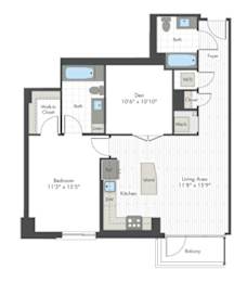 A floor plan of a house with a den, bedroom, kitchen, and living area.