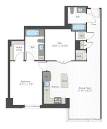 A floor plan of a house with a living area, bedroom, kitchen, and bathroom.