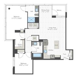 A floor plan of a house with a living area, two bedrooms, a dining area, a kitchen, a bath, a walk-in closet, and a foyer.