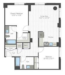 A floor plan of a house with a living area, two bedrooms, a kitchen, and a bathroom.