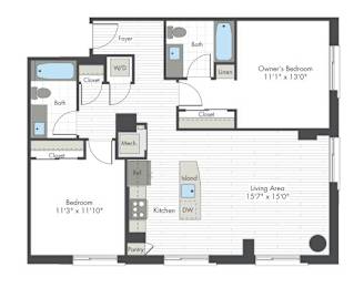 A floor plan of a house with a living area, kitchen, and two bedrooms.