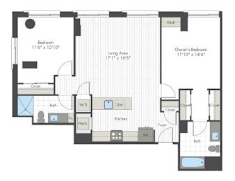 A floor plan of a house with a living area, kitchen, and two bedrooms.