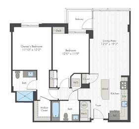 A floor plan of a home with a living area, bedrooms, and bathrooms.