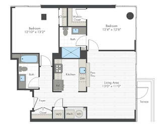 A floor plan of a house with two bedrooms, a living area, a kitchen, and a foyer.