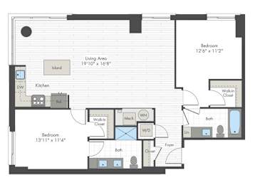 A floor plan of a house with two bedrooms, a living area, kitchen, and bathroom.