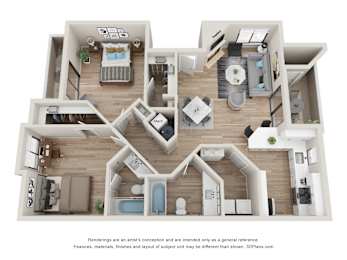 A 3D floor plan of a house with multiple rooms and furniture.