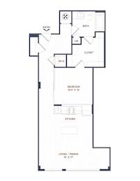 A floor plan of a house with a bedroom, living room, kitchen, bathroom, and closet.