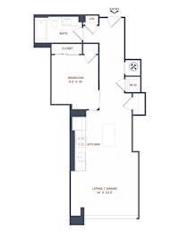 A floor plan of a home with a bedroom, bathroom, kitchen, living/dining area, and closet.