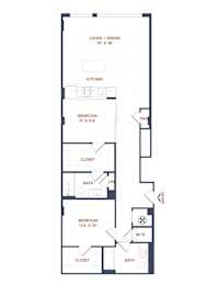 A floor plan of a small apartment with a living room, two bedrooms, a kitchen, and a bathroom.