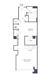 A floor plan of an apartment with a living room, kitchen, bedroom, and bathroom.