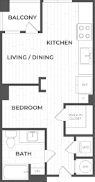 A floor plan of an apartment with a balcony, kitchen, living/dining area, bedroom, bathroom, and walk-in closet.