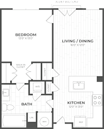 A floor plan of a small apartment with a bedroom, living/dining area, kitchen, and bathroom.