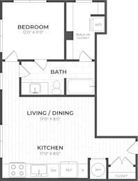 A floor plan of a small apartment with a bedroom, bathroom, living/dining area, and kitchen.