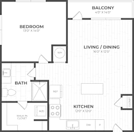 A black and white floor plan of a small apartment with a bedroom, bathroom, living/dining area, kitchen, and walk-in closet.