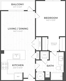 A floor plan of a small apartment with a balcony, kitchen, living/dining area, and bathroom.