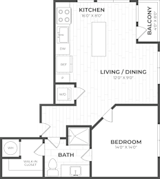 A floor plan of a house showing a kitchen, living room, dining room, bedroom, and bathroom.