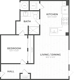 A floor plan of a small apartment with a kitchen, bathroom, bedroom, living/dining area, and hall.