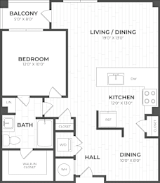 A floor plan of a house with a living room, dining room, kitchen, and bedrooms.