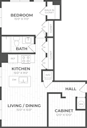 A floor plan of a small apartment with a bedroom, bathroom, kitchen, living/dining area, hallway, and cabinet.