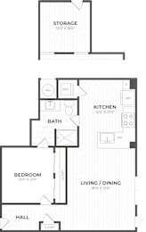 A floor plan of a house with a living room, kitchen, bathroom, bedroom, and storage area.