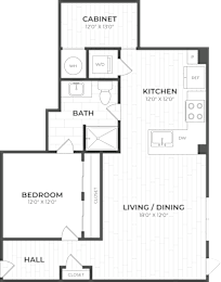 A floor plan of a house with a living room, dining room, kitchen, bathroom, bedroom, and hall.