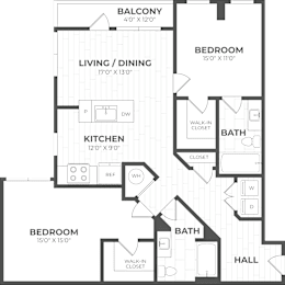 A floor plan of an apartment with a living room, dining room, kitchen, and two bedrooms.