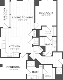 A floor plan of a house with a living room, dining room, kitchen, and two bedrooms.