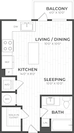 A floor plan of a small apartment with a balcony, kitchen, living/dining area, bedroom, bathroom, and walk-in closet.