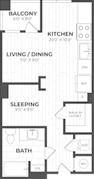 A floor plan of an apartment with a balcony, kitchen, living/dining area, sleeping area, and bathroom.
