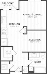 A floor plan of a small apartment with a kitchen, living room, and sleeping area.