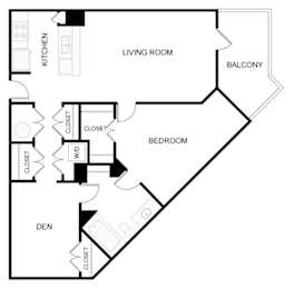 A black and white image of a floor plan for a home with a living room, kitchen, den, and bedroom.