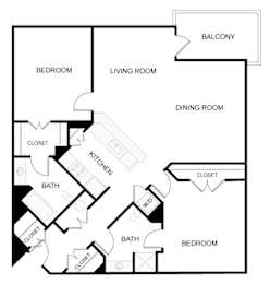 A black and white image of a floor plan for a house with a balcony.