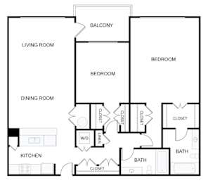 A black and white floor plan of a house with a living room, dining room, kitchen, two bedrooms, a balcony, and three bathrooms.