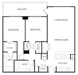 A black and white image of a floor plan for a house with two bedrooms, two bathrooms, a living room, a dining room, a kitchen, a balcony, and closets.