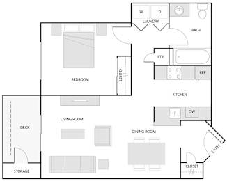A floor plan of a house with a living room, dining room, kitchen, bedroom, and bathroom.