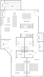 A floor plan of a house with a kitchen, living room, dining room, two bedrooms, a bath, a study, and a garage.