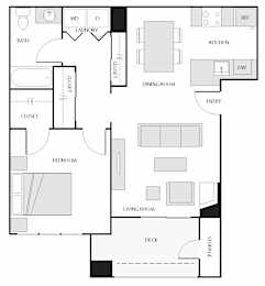 A floor plan of a house with a laundry room, bathroom, kitchen, dining room, living room, bedroom, and closet.