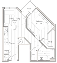 A floor plan of a house with a living area, kitchen, bathroom, and bedrooms.