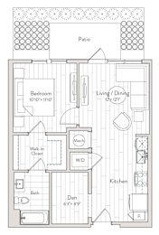 A floor plan of a house with a patio, bedroom, living room, dining room, kitchen, and bathroom.
