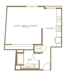a floor plan of a studio apartment with a bedroom and a living room