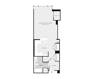 A floor plan of a home with a living and dining room, kitchen, bathroom, and foyer.