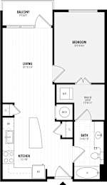 A floor plan of a one bedroom apartment with a living room, kitchen, bathroom and balcony.