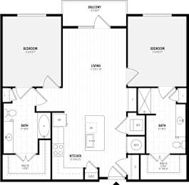 A black and white image of a floor plan for a two-bedroom apartment.
