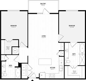A black and white image of a floor plan for a home with a balcony, two bedrooms, a living room, a bathroom, a kitchen, and a walk-in closet.