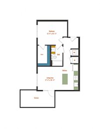 A floor plan of a house with a bedroom, bathroom, kitchen, and living room.