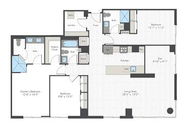 A floor plan of a house with a living area, two bedrooms, a kitchen, a bathroom, a laundry room, a wash basin, a toilet, a sink, a stove, a refriger
