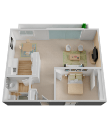 One Bedroom Floor Plan with 590 Sq. Ft. at Diablo Pointe, in Walnut Creek, CA