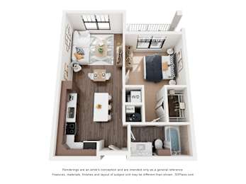 A floor plan of a small apartment with a kitchen, living room, and bedroom.